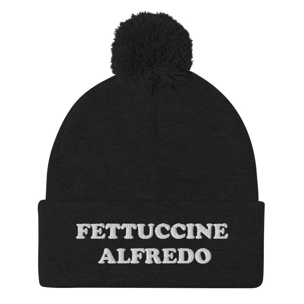 Black Fettuccine Alfredo Pom Pom Beanie from Nina's Funky Shop by ninanush - Do you love Fettuccine Alfredo? Looking for a funny foodie gift? This warm and cozy, embroidered beanie is just what you need. It's a classic pom pom beanie with "Fettuccine Alfredo", expertly embroidered on the front. The perfect funny beanie for pasta lovers, fettuccine Alfredo enthusiasts and foodies of all kinds.