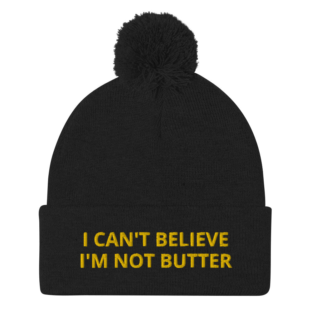 Black Embroidered Beanie with I can't believe it's not butter from Nina's Funky Shop - Are you a butter lover? Looking for a funny gift for a foodie? This warm and cozy, embroidered beanie is just what you need. It's a classic beanie with "I can't believe I'm not butter" on the front. A perfect beanie for butter enthusiasts and foodies of all kinds. Celebrate your favorite foods in our funky foodie apparel.