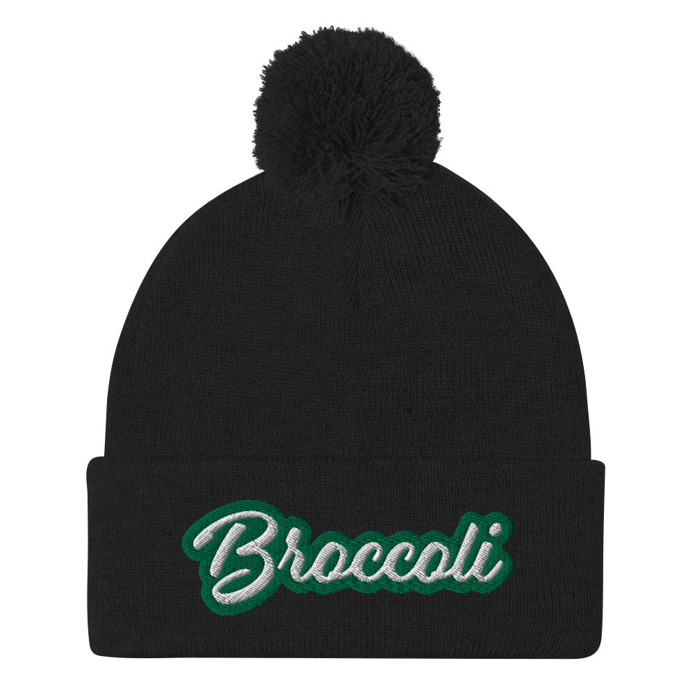 Black Broccoli Beanie - Love broccoli? Looking for a weird gift for a foodie? This broccoli hat is just for you! It's a warm and cozy beanie with a classic pom pom on top and "broccoli", expertly embroidered on the front.