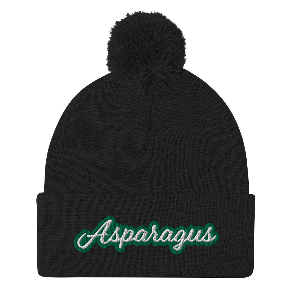 Black Asparagus Beanie. A Sarcastic Hat for Vegetarians - Veggie enthusiast? Looking for a funny gift? This Asparagus Hat is just what you need! It's a warm and cozy beanie with a classic pom pom on top and "Asparagus", expertly embroidered on the front. Designed by Nina and made just for you! Looking for something personalized? A different embroidery color? Shoot us an email or check out our customizable apparel!