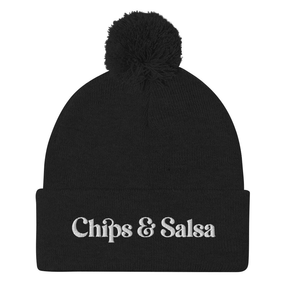 Black Chips and Salsa Beanie Winter Hat - Love chips and salsa? Looking for a gift for a salsa enthusiast? This funny beanie is cozy, comfortable and made just for you. It's a classic pom pom beanie with a funny embroidered design. Celebrate your favorite foods in our chips and salsa hat. Looking for something personalized? A different embroidery color? Shoot us an email or check out our customizable apparel!