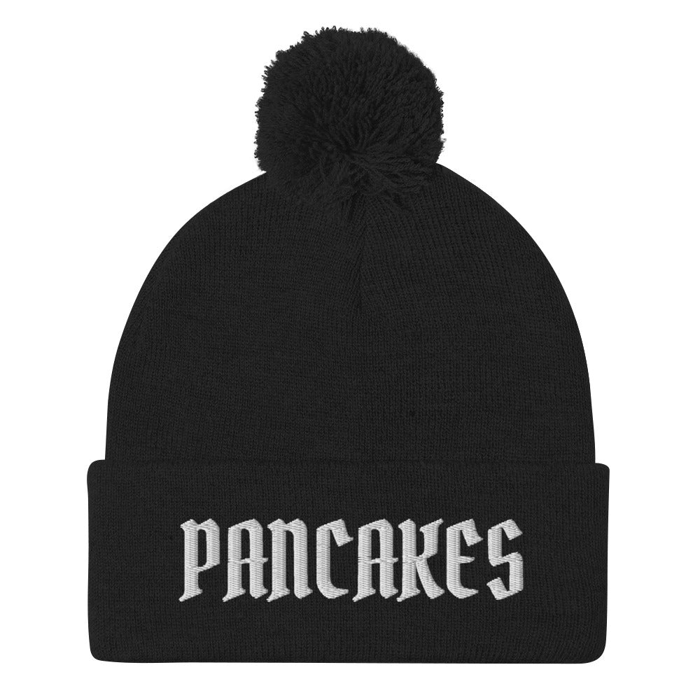 Black pancakes beanie - Are you a pancake enthusiast? Celebrate your favorite food in our funny beanies for foodies and beyond. Our Pancake Beanie is comfortable, comes in a variety of colors and is made just for you! Looking for something personalized? A different embroidery color? Shoot us an email or check out our customizable apparel!