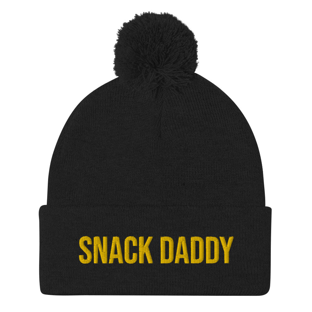 Black snack daddy beanie - Our Snack Daddy Beanie is comfortable, cozy and made just for you. It's a funny beanie with a pom pom on top, perfect for everyday streetwear or a gift for your favorite snack enthusiast.