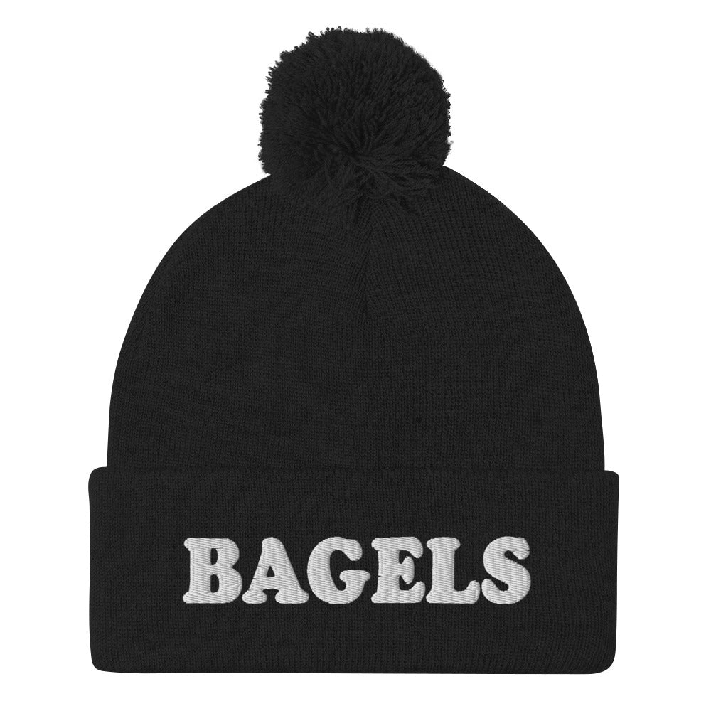 Black Bagels Beanie -Are you a bagel enthusiast? Looking for a gift for a foodie? Our Bagels Beanie is comfortable, cozy and expertly embroidered just for you. It's a funny beanie with a pom pom on top, perfect for everyday streetwear for bagel lovers and foodies of all kinds.