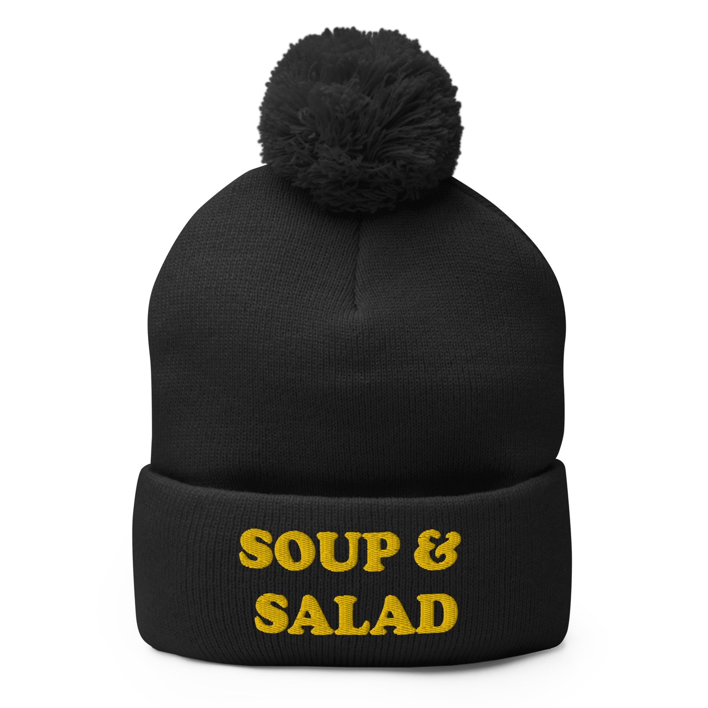 Black Soup and Salad Beanie - Our Soup And Salad Beanie is warm, cozy and made just for you. It's a classic beanie with a pom pom on top. The perfect hat for everyday streetwear or a funny gift for a friend.