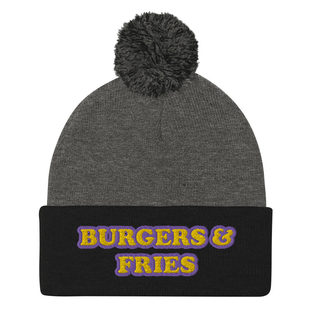 Black and gray beanie with pom pom for burger enthusiasts - Eat burgers in style in this burger enthusiast beanie for burger and fries lovers. It's a funny food beanie that's warm, cozy and made just for you. This yellow and purple embroidered beanie has a pom pom on top and comes in various colors. It's a weird beanie for burger lovers and a funny gift for foodies of all kinds.