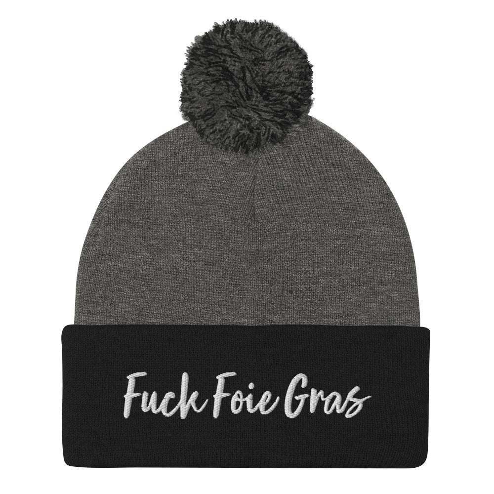 Black and gray Fuck Foie Gras beanie from Nina's Funky Shop by ninanush - Wear this Fuck Foie Gras beanie and bring awareness for the cruel production practices. This activist hat is warm, cozy, and embroidered with the words "Fuck Foie Gras". What is Foie Gras? Foie gras, is a delicacy in French cuisine. It's the liver of a goose or duck that has been fattened through force-feeding.