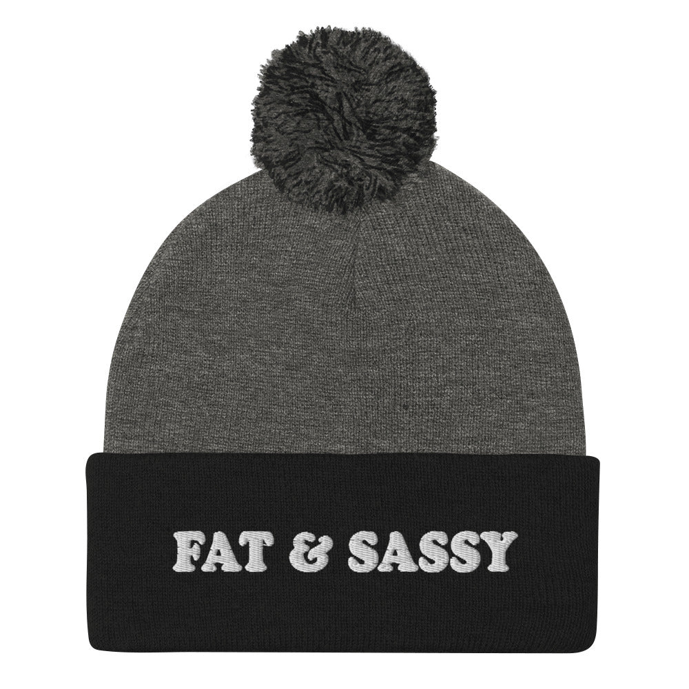 Black and Gray Fat and Sassy Beanie from Nina's Funky Shop by ninanush - Feeling fat and sassy? Looking for a fun gift for friend? This unisex, warm and cozy, embroidered pom pom beanie is just what you need. It's a unique and funny beanie with "Fat & Sassy" expertly embroidered on the front. A perfect hat for foodies of all kinds. Celebrate your favorite foods and passions in our funky apparel by Nina.