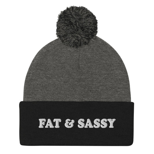 Black and Gray Fat and Sassy Beanie from Nina's Funky Shop by ninanush - Feeling fat and sassy? Looking for a fun gift for friend? This unisex, warm and cozy, embroidered pom pom beanie is just what you need. It's a unique and funny beanie with "Fat & Sassy" expertly embroidered on the front. A perfect hat for foodies of all kinds. Celebrate your favorite foods and passions in our funky apparel by Nina.