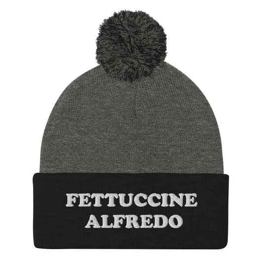 Black and Gray Fettuccine Alfredo Pom Pom Beanie from Nina's Funky Shop by ninanush - Do you love Fettuccine Alfredo? Looking for a funny foodie gift? This warm and cozy, embroidered beanie is just what you need. It's a classic pom pom beanie with "Fettuccine Alfredo", expertly embroidered on the front. The perfect funny beanie for pasta lovers, fettuccine Alfredo enthusiasts and foodies of all kinds. 