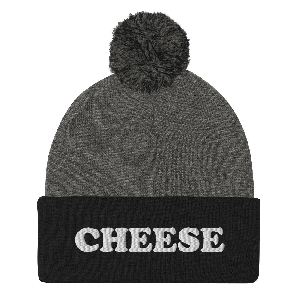 Black and Gray Embroidered Cheese Beanie from Nina's Funky Shop by ninanush - Do you love cheese? Looking for a funny foodie gift? This warm and cozy, embroidered beanie is just what you need. It's a classic pom pom beanie with "Cheese", expertly embroidered on the front. The perfect funny beanie for cheese lovers and foodies of all kinds. Eat cheese in style in our funky cheese enthusiast hats.