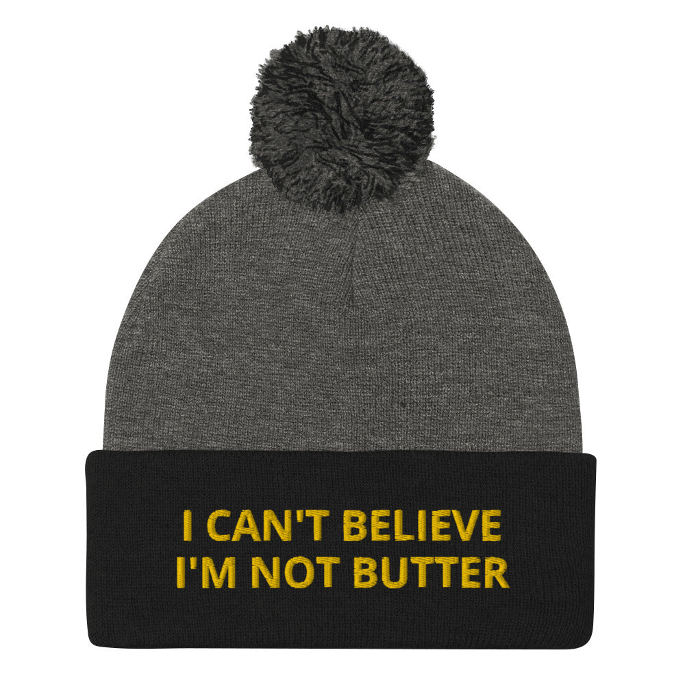 Black and Gray Embroidered Beanie with I can't believe it's not butter from Nina's Funky Shop - Are you a butter lover? Looking for a funny gift for a foodie? This warm and cozy, embroidered beanie is just what you need. It's a classic beanie with "I can't believe I'm not butter" on the front. A perfect beanie for butter enthusiasts and foodies of all kinds. Celebrate your favorite foods in our funky foodie apparel.