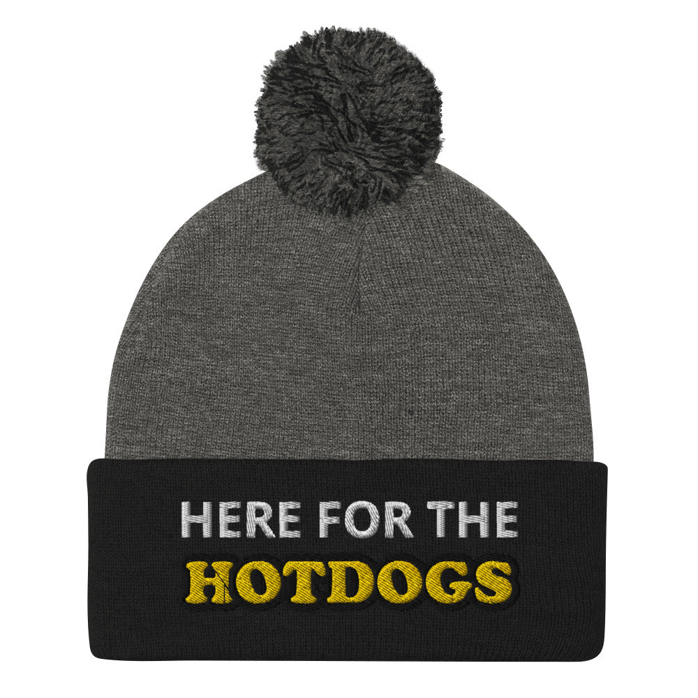 Black and Gray here for the hotdogs beanie - Do you love hotdogs? Looking for a funny gift for a friend? This is just the hat for you! It's a cozy and comfortable beanie that comes in a variety of colors with "Here For The Hotdogs", expertly embroidered on the front. The perfect funny beanie for game day, a warm hat for BBQs or a funny accessory for everyday foodies.