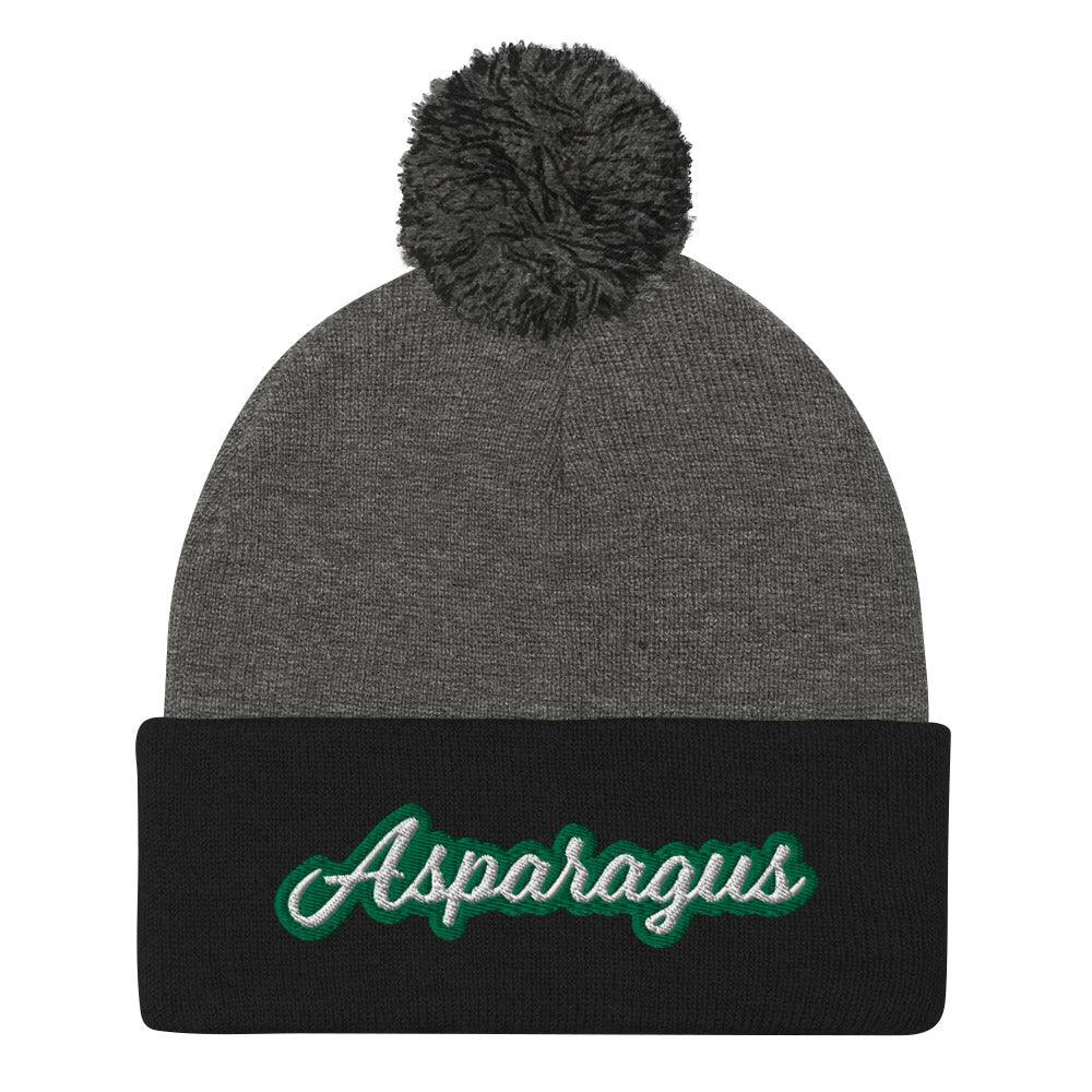 Black and Gray Asparagus Beanie. A Sarcastic Hat for Vegetarians - Veggie enthusiast? Looking for a funny gift? This Asparagus Hat is just what you need! It's a warm and cozy beanie with a classic pom pom on top and "Asparagus", expertly embroidered on the front. Designed by Nina and made just for you! Looking for something personalized? A different embroidery color? Shoot us an email or check out our customizable apparel!