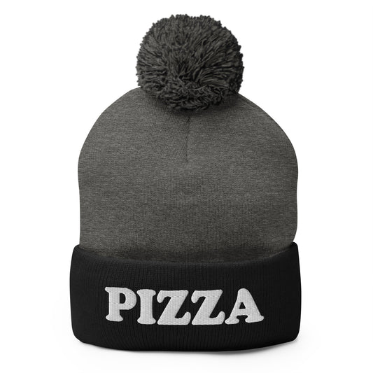 Gray and Black Pizza Beanie - Are you a pizza enthusiast? Looking for a gift for a foodie? Our Pizza Beanie is comfortable, warm and expertly embroidered just for you. It's a funny beanie with a pom pom on top, perfect for everyday streetwear for pizza lovers and foodies of all kinds.