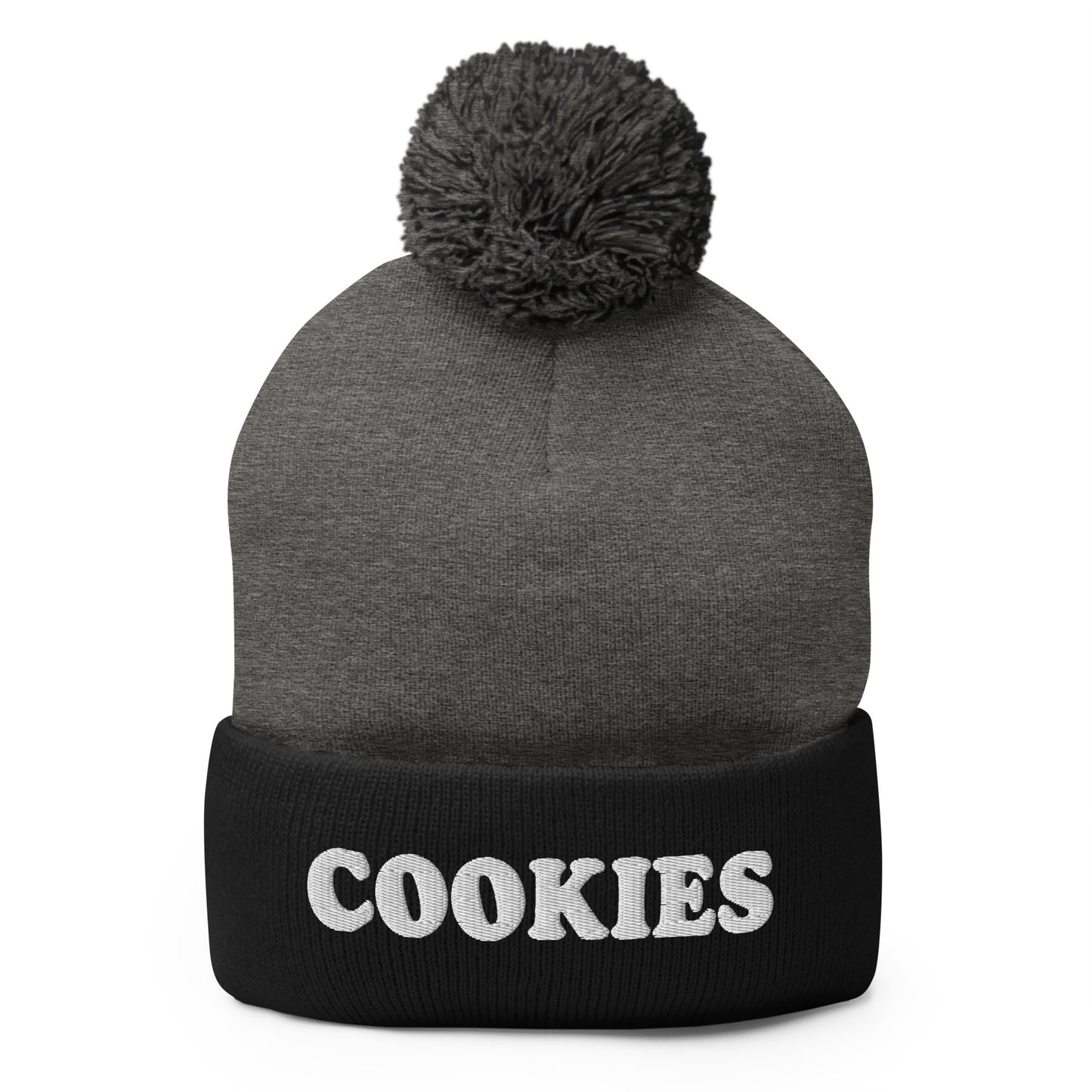 Gray and Black Cookies Beanie - Love cookies? Looking for a funny gift for a foodie? Our Cookies Beanie is comfortable, cozy and expertly embroidered just for you. It's a classic beanie with a pom pom on top, perfect for everyday streetwear for cookie lovers and foodies of all kinds.