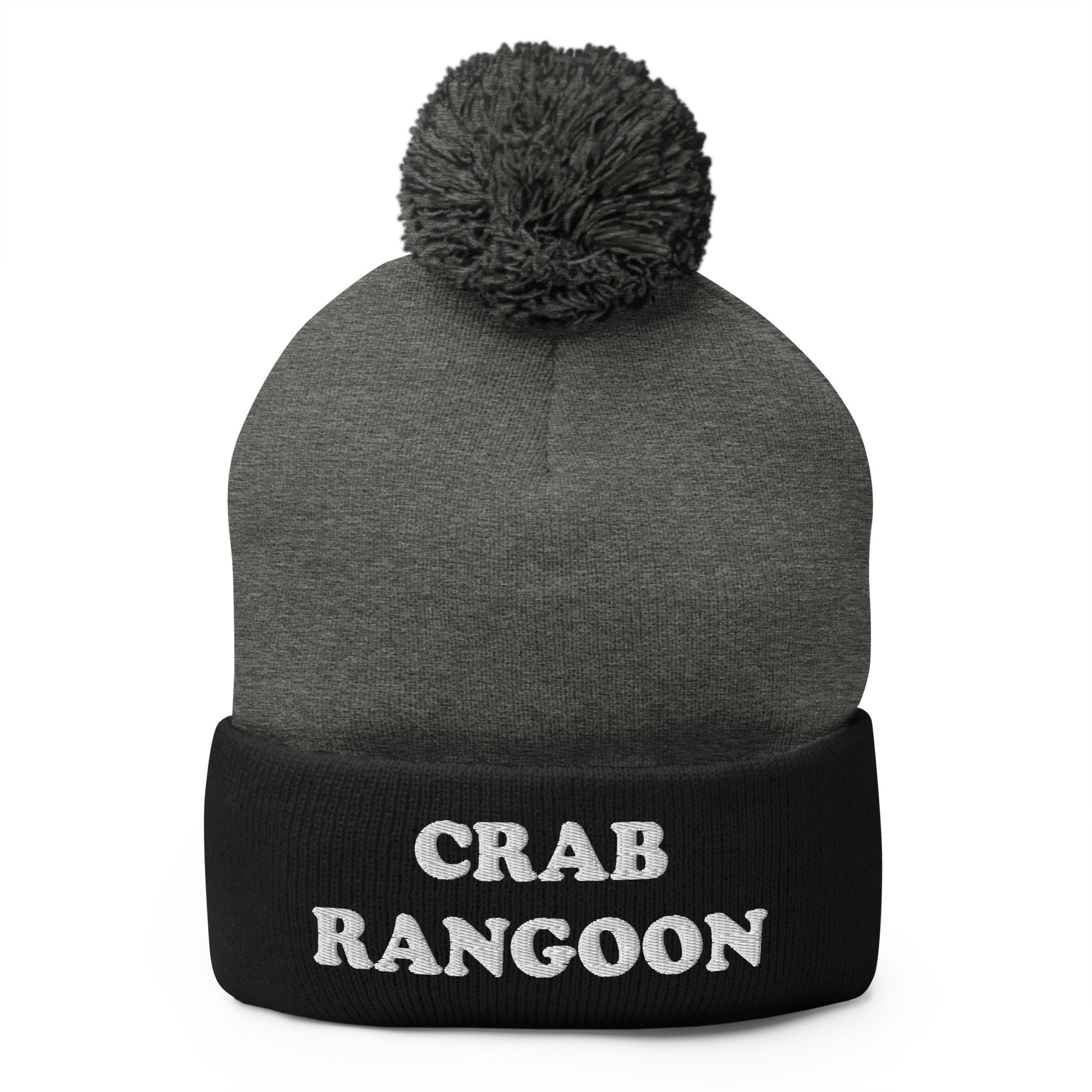 Black and Gray Crab Rangoon Beanie - Love Crab Rangoon? Looking for a funny gift for a foodie? Our Crab Rangoon Beanie is comfortable, cozy and expertly embroidered just for you. It's a classic beanie with a pom pom on top. Perfect for everyday streetwear for Crab Rangoon lovers and foodies of all kinds.