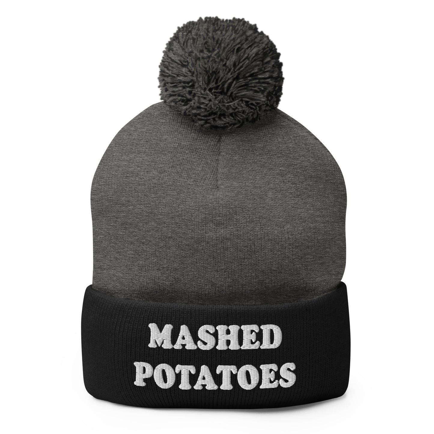 Gray and Black  Mashed Potatoes Beanie - Our Mashed Potatoes Beanie is comfortable, warm and expertly embroidered just for you. It's a funny beanie with a pom pom on top. The perfect hat for mashed potato lovers and foodies of all kinds. Wear it as everyday streetwear or give it as a gift for your favorite mashed potato enthusiast!