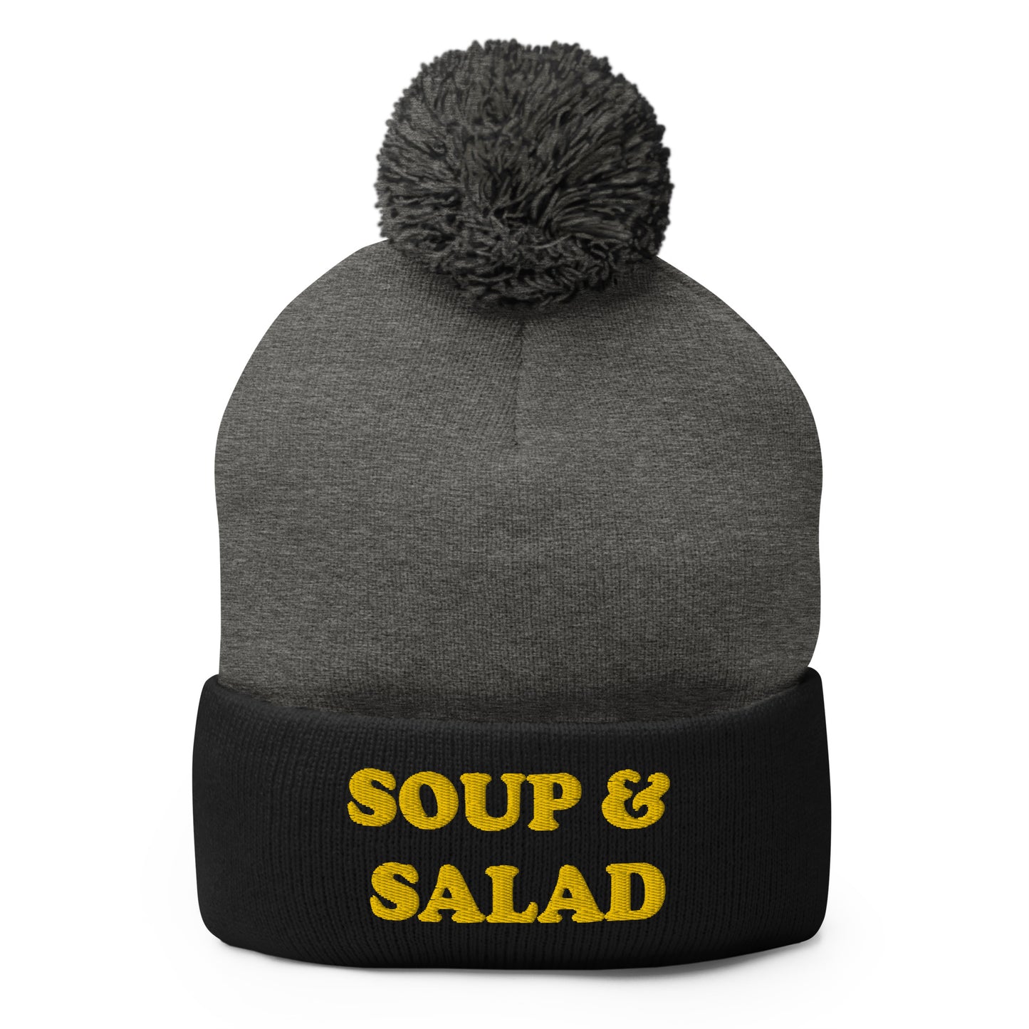 Black and Gray Soup and Salad Beanie - Our Soup And Salad Beanie is warm, cozy and made just for you. It's a classic beanie with a pom pom on top. The perfect hat for everyday streetwear or a funny gift for a friend.