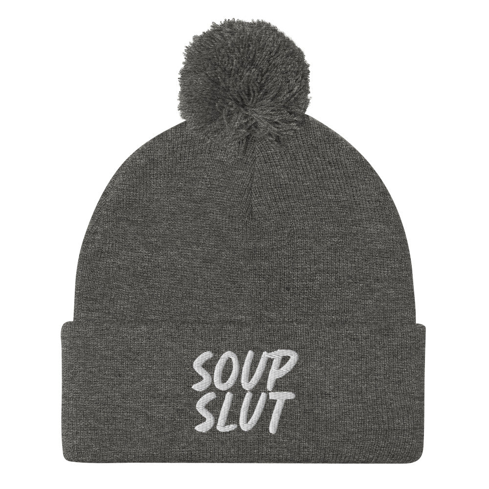 Gray Soup Slut Beanie from Nina's Funky Shop by ninanush - Do you love soup? Looking for a fun gift for a foodie? This warm and cozy, embroidered pom pom beanie is just what you need. Celebrate your favorite foods in style with this funny foodie Beanie with "soup slut" expertly embroidered on the front. Perfect for soup lovers and foodies of all kinds.