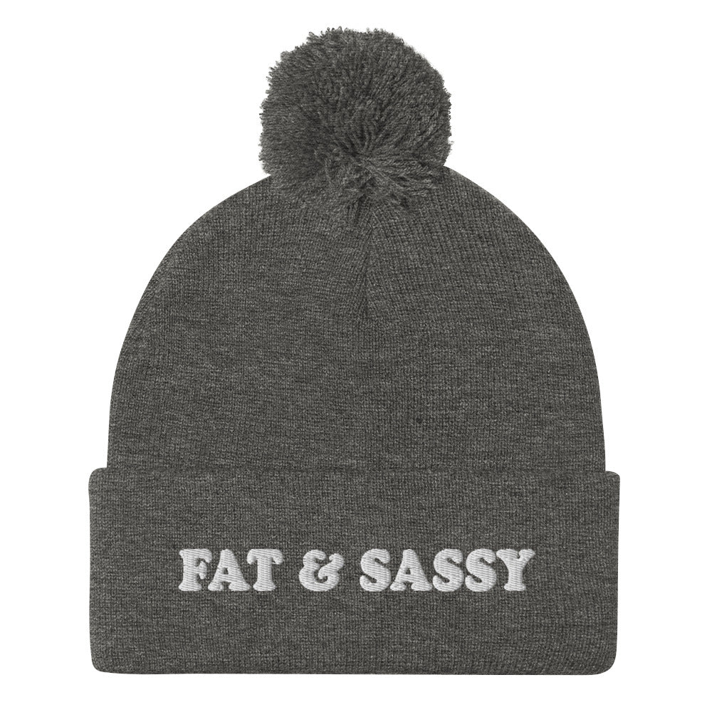 Gray Fat and Sassy Beanie from Nina's Funky Shop by ninanush - Feeling fat and sassy? Looking for a fun gift for friend? This unisex, warm and cozy, embroidered pom pom beanie is just what you need. It's a unique and funny beanie with "Fat & Sassy" expertly embroidered on the front. A perfect hat for foodies of all kinds. Celebrate your favorite foods and passions in our funky apparel by Nina.