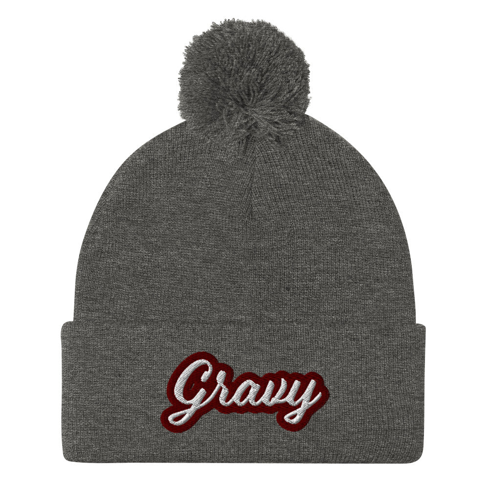 Gray Gravy PomPom Beanie from Nina's Funky Shop by Ninanush - Do you love gravy? Looking for a fun foodie gift? This warm and cozy, embroidered pom pom beanie is just what you need. Eat gravy and celebrate your favorite foods in style with this funny foodie Beanie with "Gravy", expertly embroidered on the front. Perfect for gravy lovers and foodies of all kinds.