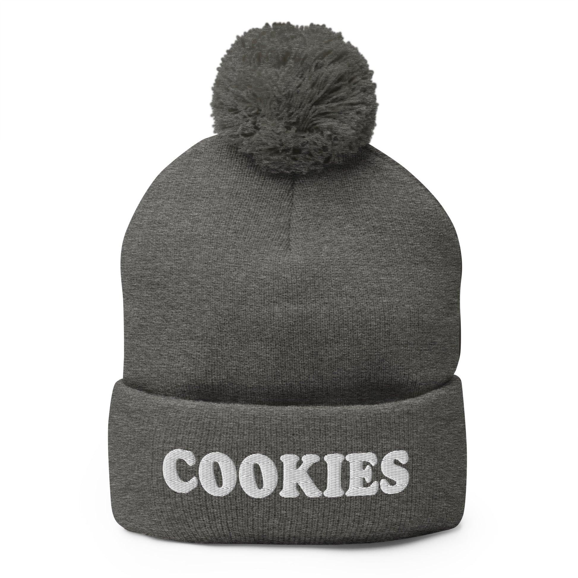 Gray Cookies Beanie - Love cookies? Looking for a funny gift for a foodie? Our Cookies Beanie is comfortable, cozy and expertly embroidered just for you. It's a classic beanie with a pom pom on top, perfect for everyday streetwear for cookie lovers and foodies of all kinds.