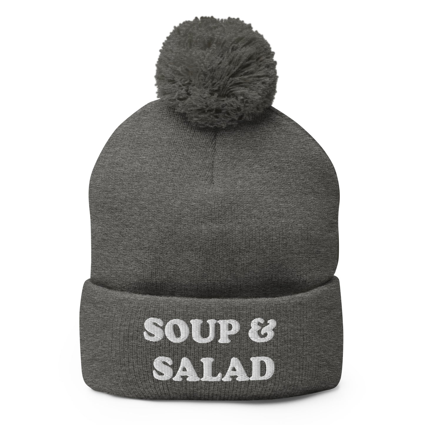 Gray Soup and Salad Beanie - Our Soup And Salad Beanie is warm, cozy and made just for you. It's a classic beanie with a pom pom on top. The perfect hat for everyday streetwear or a funny gift for a friend.