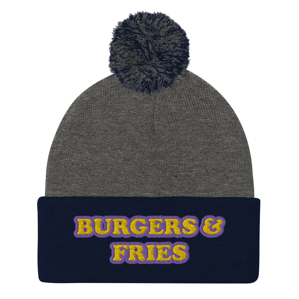 Gray beanie for foodie - Eat burgers in style in this burger enthusiast beanie for burger and fries lovers. It's a funny food beanie that's warm, cozy and made just for you. This yellow and purple embroidered beanie has a pom pom on top and comes in various colors. It's a weird beanie for burger lovers and a funny gift for foodies of all kinds.