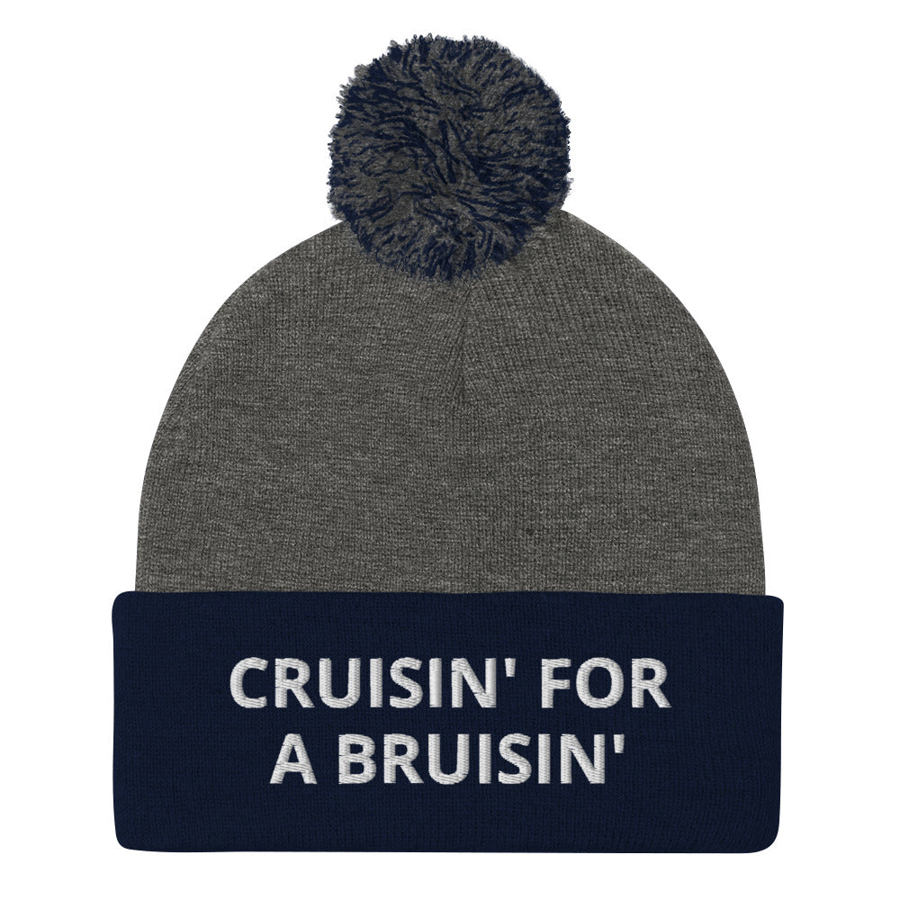 Navy and Gray Cruisin' for a Bruisin' Hat from Nina's Funky Shop by ninanush - This Cruisin' For A Buisin' Hat is warm, cozy, designed by Nina and made just for you. It's a comfortable unisex garlic beanie with a pom pom on top, expertly embroidered with the words "Cruisin For A Bruisin'". Stand out and stay warm in the perfect weird and funny beanie for all your cold weather looks.