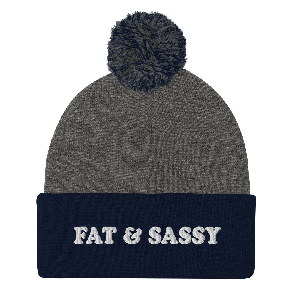 Gray and Navy Fat and Sassy Beanie from Nina's Funky Shop by ninanush - Feeling fat and sassy? Looking for a fun gift for friend? This unisex, warm and cozy, embroidered pom pom beanie is just what you need. It's a unique and funny beanie with "Fat & Sassy" expertly embroidered on the front. A perfect hat for foodies of all kinds. Celebrate your favorite foods and passions in our funky apparel by Nina.