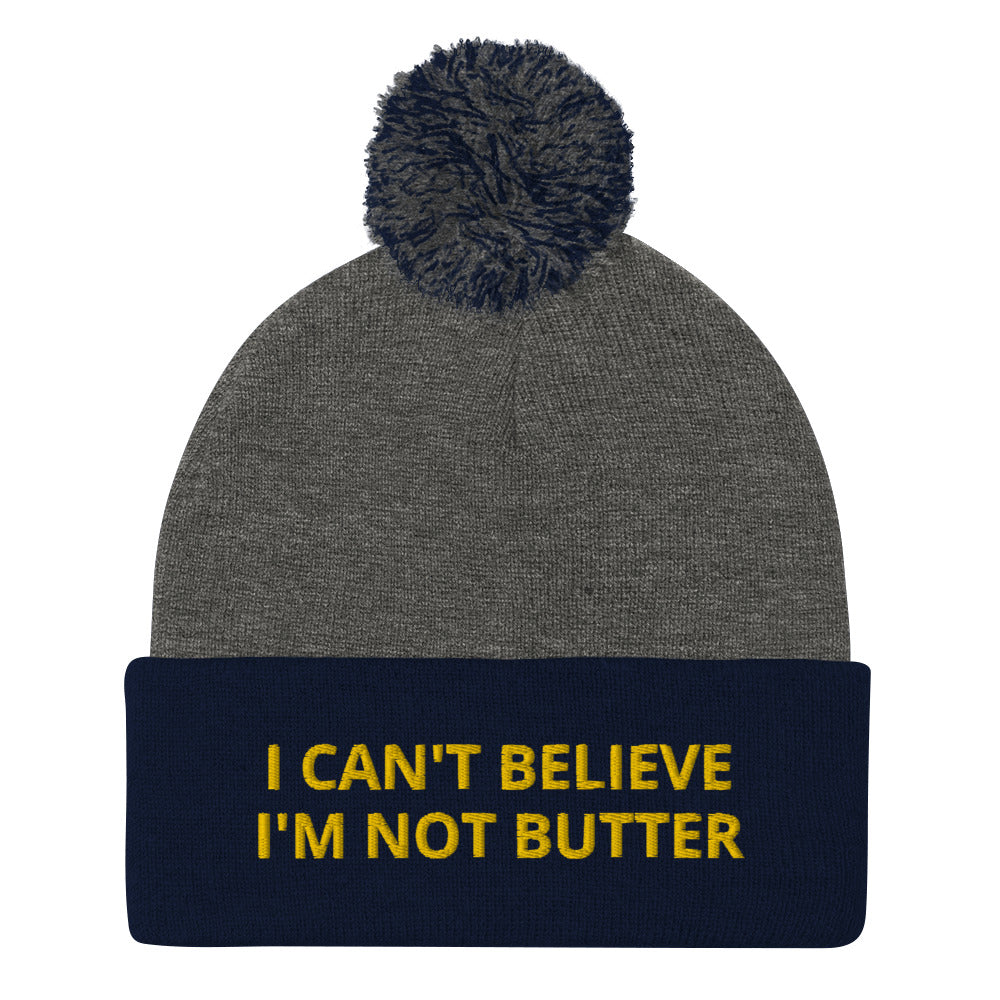 Gray and Navy Embroidered Beanie with I can't believe it's not butter from Nina's Funky Shop - Are you a butter lover? Looking for a funny gift for a foodie? This warm and cozy, embroidered beanie is just what you need. It's a classic beanie with "I can't believe I'm not butter" on the front. A perfect beanie for butter enthusiasts and foodies of all kinds. Celebrate your favorite foods in our funky foodie apparel.