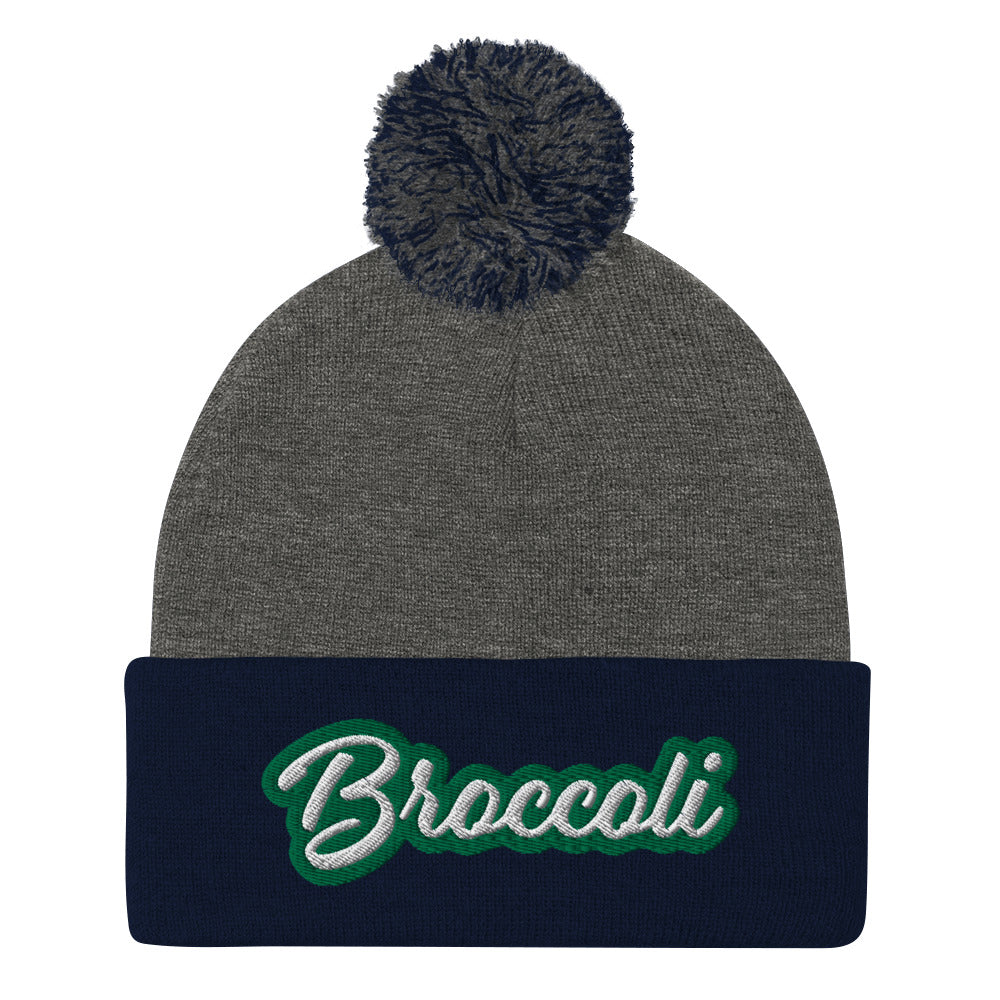 Navy Gray Broccoli Beanie - Love broccoli? Looking for a weird gift for a foodie? This broccoli hat is just for you! It's a warm and cozy beanie with a classic pom pom on top and "broccoli", expertly embroidered on the front.