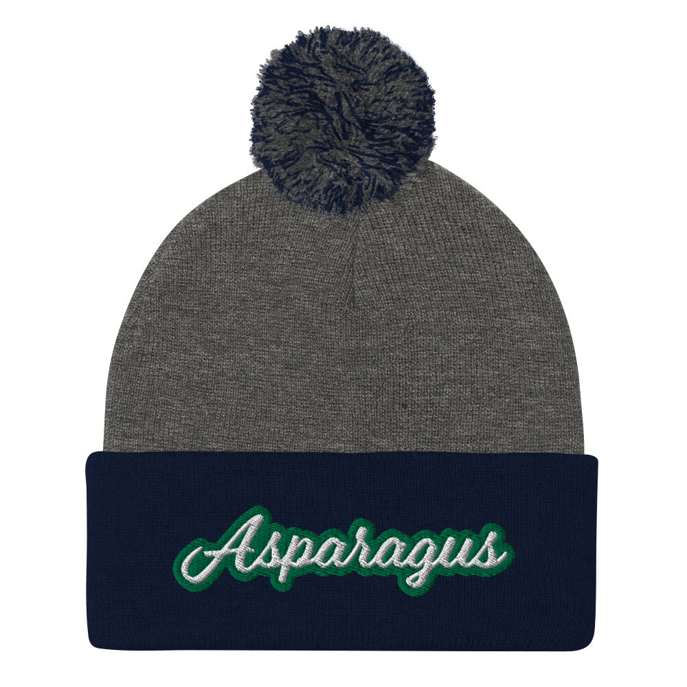 Navy and Gray Asparagus Beanie. A Sarcastic Hat for Vegetarians - Veggie enthusiast? Looking for a funny gift? This Asparagus Hat is just what you need! It's a warm and cozy beanie with a classic pom pom on top and "Asparagus", expertly embroidered on the front. Designed by Nina and made just for you! Looking for something personalized? A different embroidery color? Shoot us an email or check out our customizable apparel!