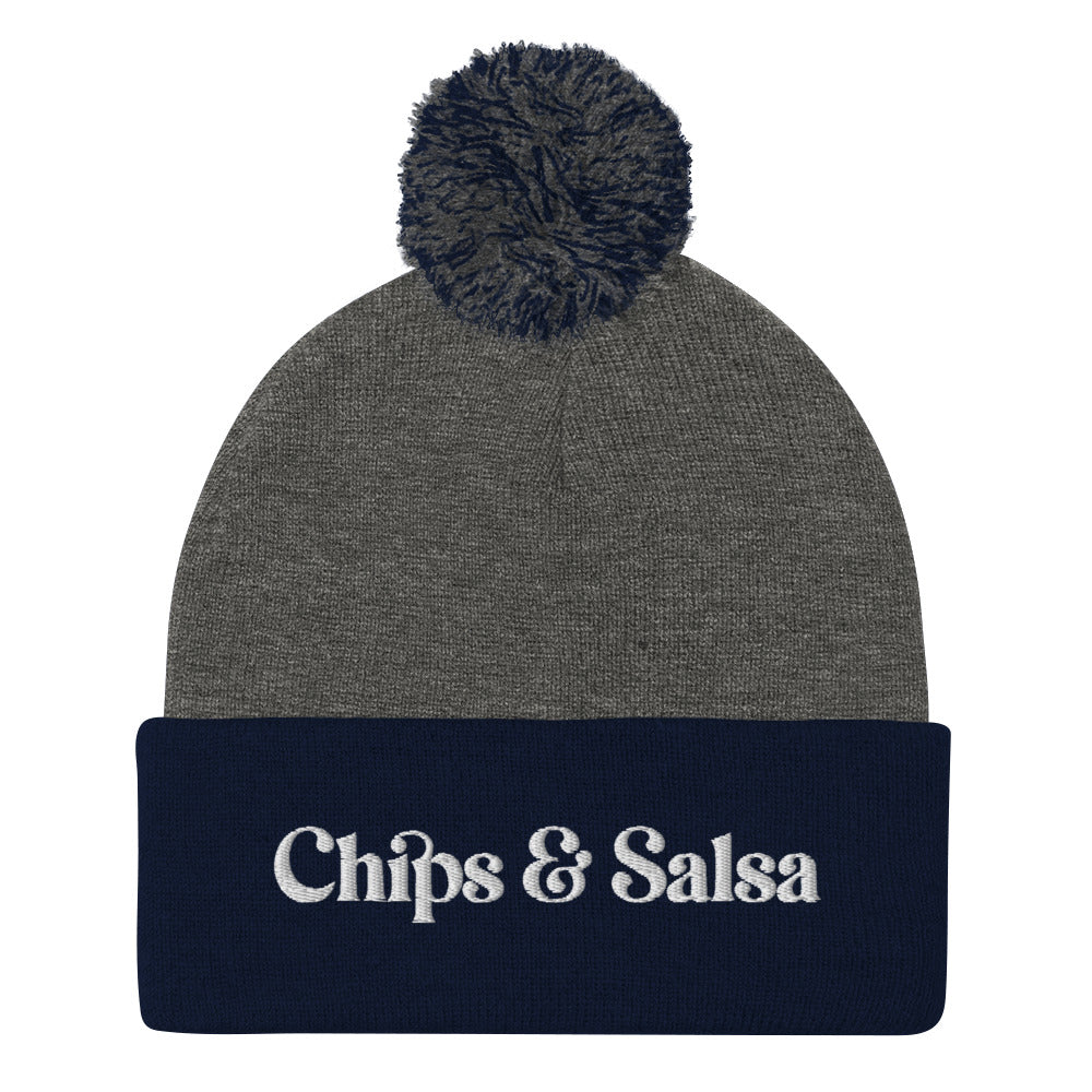 Gray and Navy Chips and Salsa Beanie -Love chips and salsa? Looking for a gift for a salsa enthusiast? This funny beanie is cozy, comfortable and made just for you. It's a classic pom pom beanie with a funny embroidered design. Celebrate your favorite foods in our chips and salsa hat. Looking for something personalized? A different embroidery color? Shoot us an email or check out our customizable apparel!