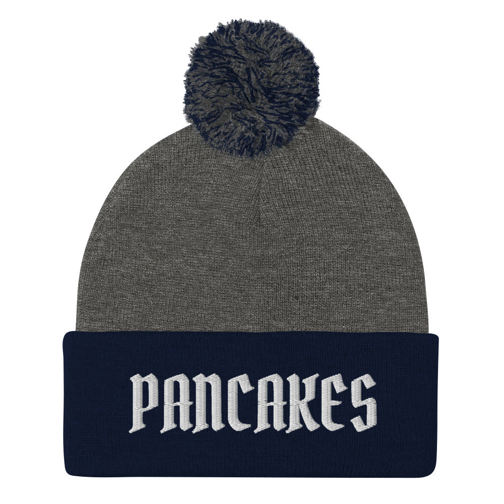 Gray and navy pancakes beanie - Are you a pancake enthusiast? Celebrate your favorite food in our funny beanies for foodies and beyond. Our Pancake Beanie is comfortable, comes in a variety of colors and is made just for you! Looking for something personalized? A different embroidery color? Shoot us an email or check out our customizable apparel!