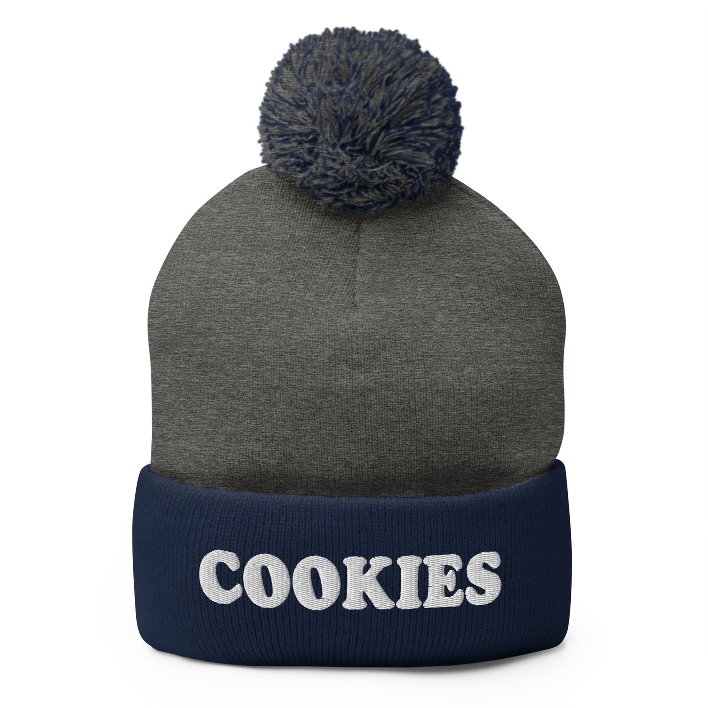 Navy and Gray Cookies Beanie - Love cookies? Looking for a funny gift for a foodie? Our Cookies Beanie is comfortable, cozy and expertly embroidered just for you. It's a classic beanie with a pom pom on top, perfect for everyday streetwear for cookie lovers and foodies of all kinds.