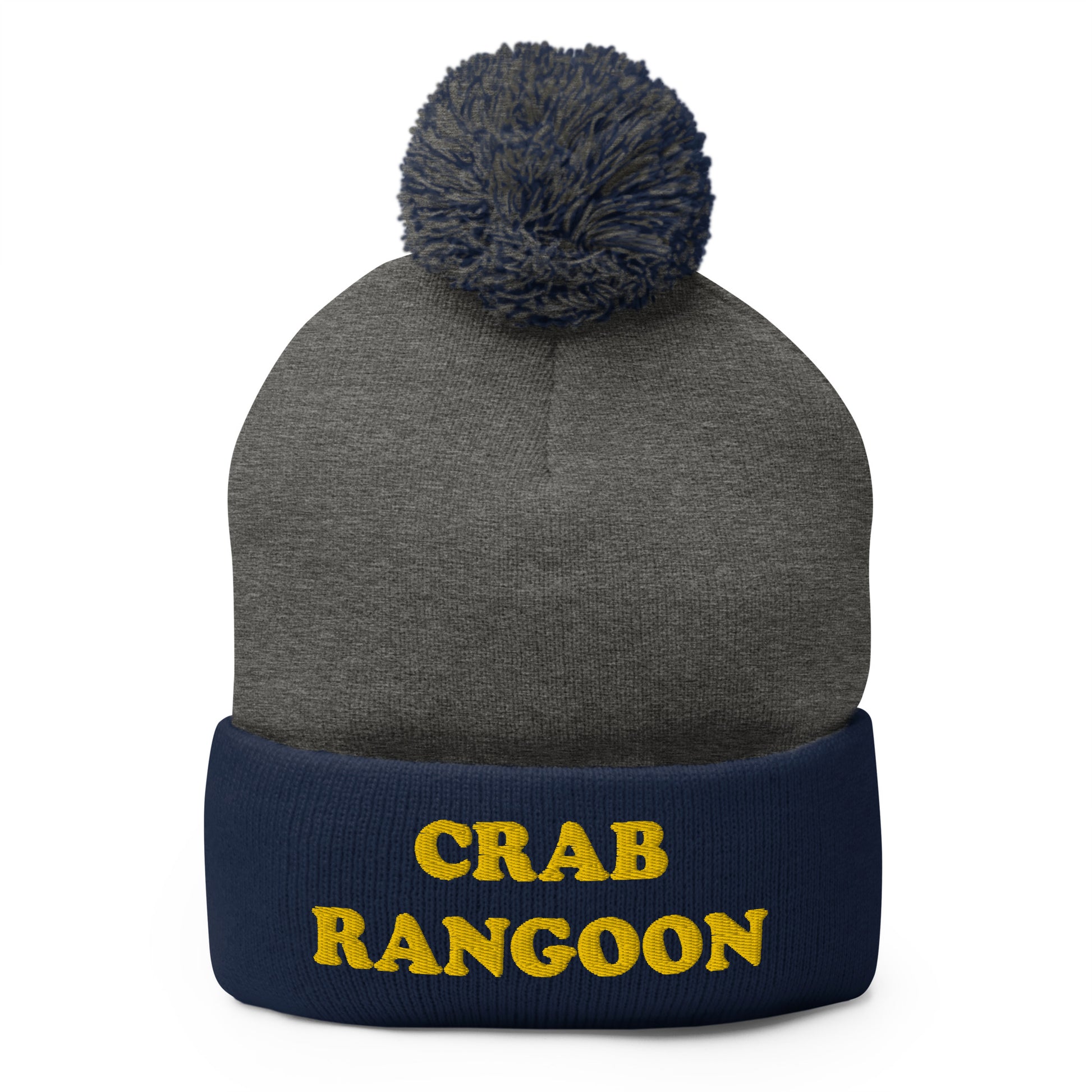 Navy and Gray Crab Rangoon Beanie - Love Crab Rangoon? Looking for a funny gift for a foodie? Our Crab Rangoon Beanie is comfortable, cozy and expertly embroidered just for you. It's a classic beanie with a pom pom on top. Perfect for everyday streetwear for Crab Rangoon lovers and foodies of all kinds.