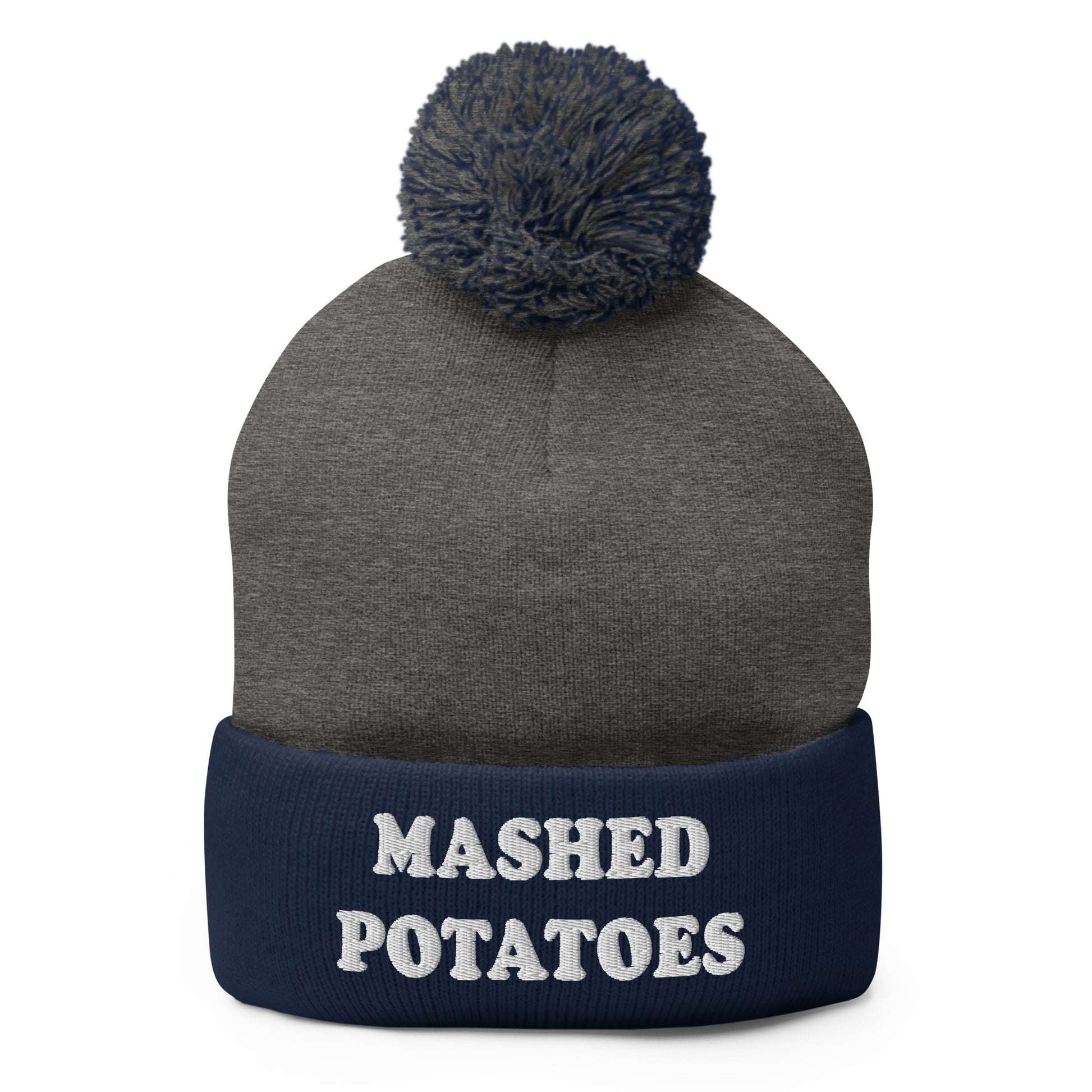 Navy and gray  Mashed Potatoes Beanie - Our Mashed Potatoes Beanie is comfortable, warm and expertly embroidered just for you. It's a funny beanie with a pom pom on top. The perfect hat for mashed potato lovers and foodies of all kinds. Wear it as everyday streetwear or give it as a gift for your favorite mashed potato enthusiast!