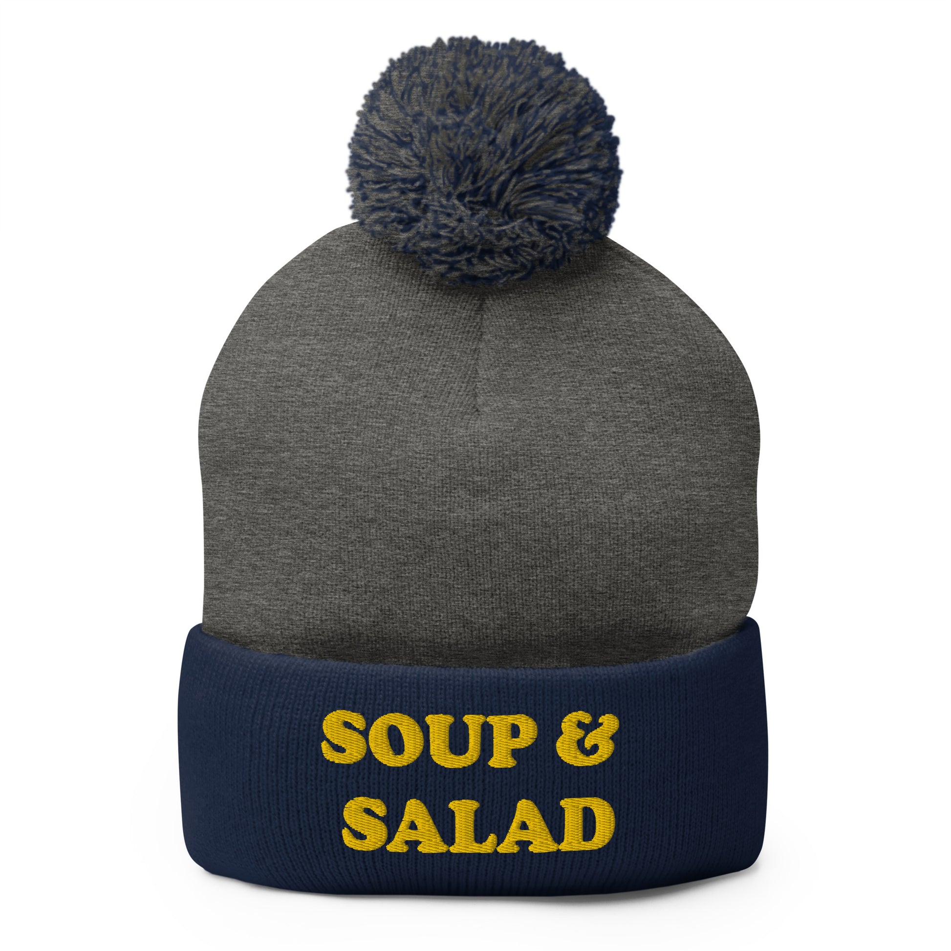 Navy and Gray Soup and Salad Beanie - Our Soup And Salad Beanie is warm, cozy and made just for you. It's a classic beanie with a pom pom on top. The perfect hat for everyday streetwear or a funny gift for a friend.