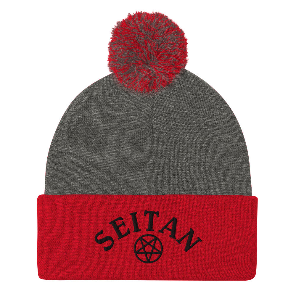 Gray and red seitan beanie from Nina's Funky Shop by ninanush - A funny seitan hat for plant based babes and foodies of all kinds! Stay warm and make a statement in our embroidered sarcastic seitan beanie. Eat your next vegan meal in this funny plant based foodie hat or give it as a funny gift for a vegan. Make a statement in a warm and cozy unisex seitan beanie made just for you.