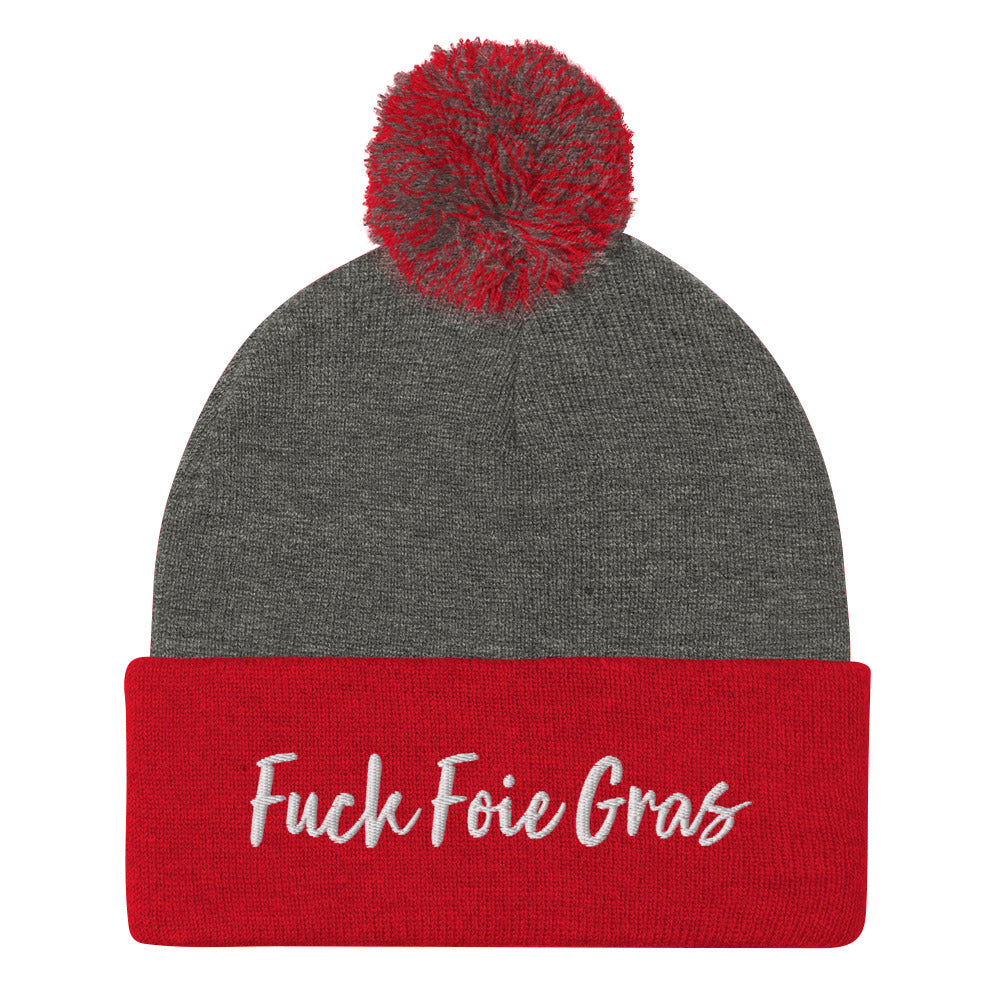 Red and gray Fuck Foie Gras beanie from Nina's Funky Shop by ninanush - Wear this Fuck Foie Gras beanie and bring awareness for the cruel production practices. This activist hat is warm, cozy, and embroidered with the words "Fuck Foie Gras". What is Foie Gras? Foie gras, is a delicacy in French cuisine. It's the liver of a goose or duck that has been fattened through force-feeding.