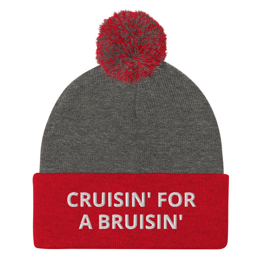 Gray and Red Cruisin' for a Bruisin' Hat from Nina's Funky Shop by ninanush - This Cruisin' For A Buisin' Hat is warm, cozy, designed by Nina and made just for you. It's a comfortable unisex garlic beanie with a pom pom on top, expertly embroidered with the words "Cruisin For A Bruisin'". Stand out and stay warm in the perfect weird and funny beanie for all your cold weather looks. 