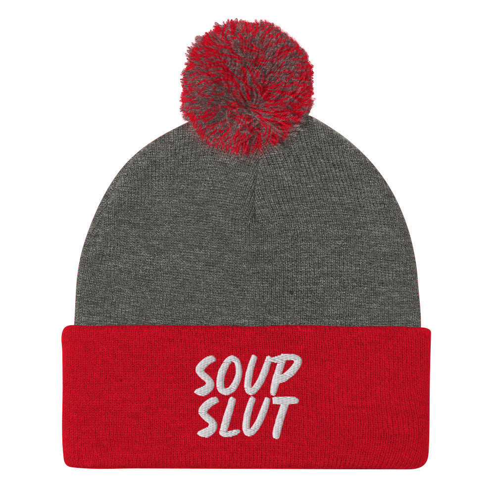 Gray and Red Soup Slut Beanie from Nina's Funky Shop by ninanush - Do you love soup? Looking for a fun gift for a foodie? This warm and cozy, embroidered pom pom beanie is just what you need. Celebrate your favorite foods in style with this funny foodie Beanie with "soup slut" expertly embroidered on the front. Perfect for soup lovers and foodies of all kinds.