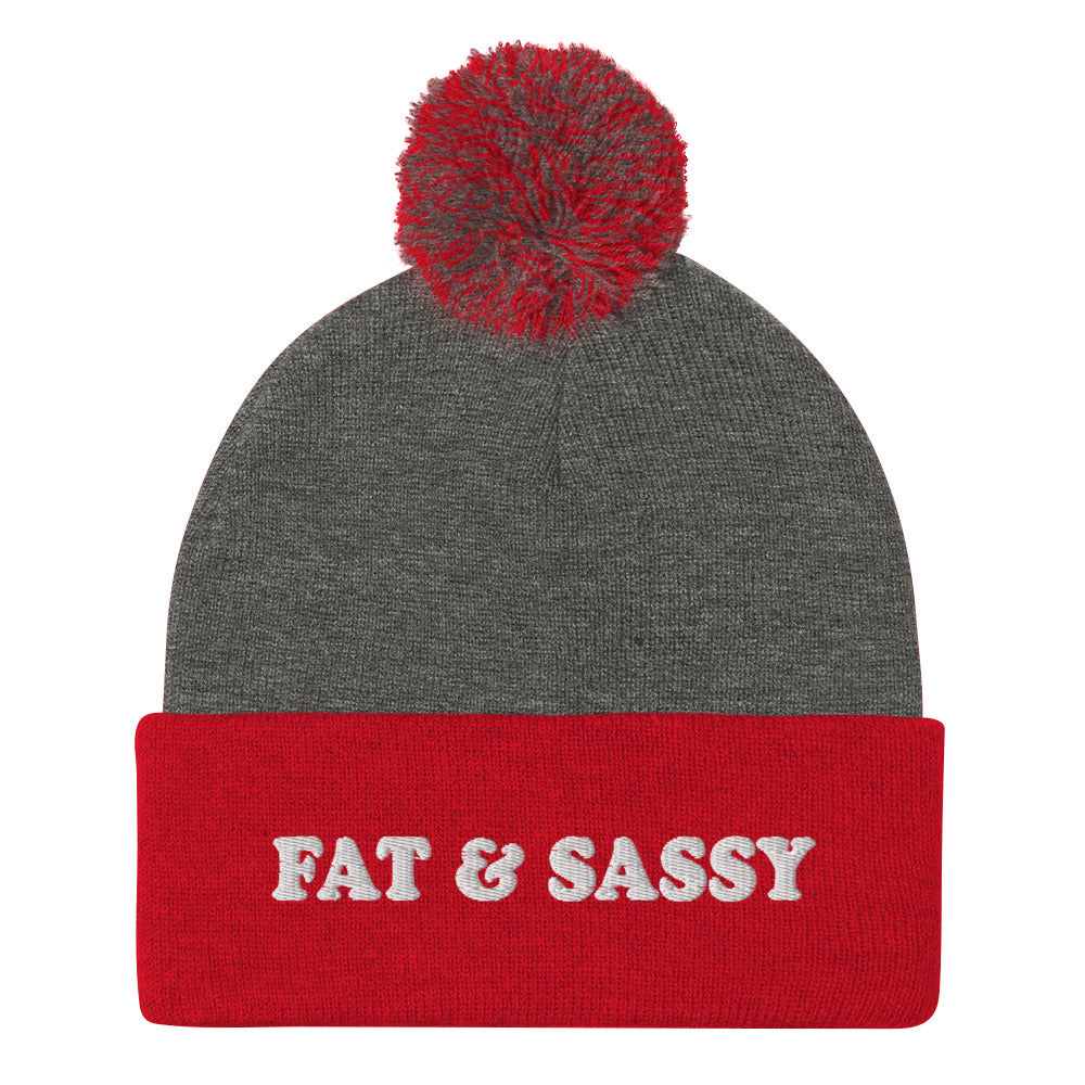 Red and Gray Fat and Sassy Beanie from Nina's Funky Shop by ninanush - Feeling fat and sassy? Looking for a fun gift for friend? This unisex, warm and cozy, embroidered pom pom beanie is just what you need. It's a unique and funny beanie with "Fat & Sassy" expertly embroidered on the front. A perfect hat for foodies of all kinds. Celebrate your favorite foods and passions in our funky apparel by Nina.