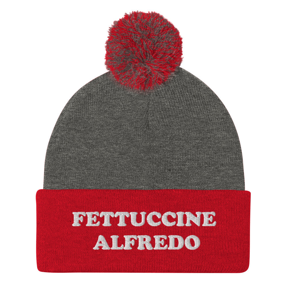 Red and Gray Fettuccine Alfredo Pom Pom Beanie from Nina's Funky Shop by ninanush - Do you love Fettuccine Alfredo? Looking for a funny foodie gift? This warm and cozy, embroidered beanie is just what you need. It's a classic pom pom beanie with "Fettuccine Alfredo", expertly embroidered on the front. The perfect funny beanie for pasta lovers, fettuccine Alfredo enthusiasts and foodies of all kinds.