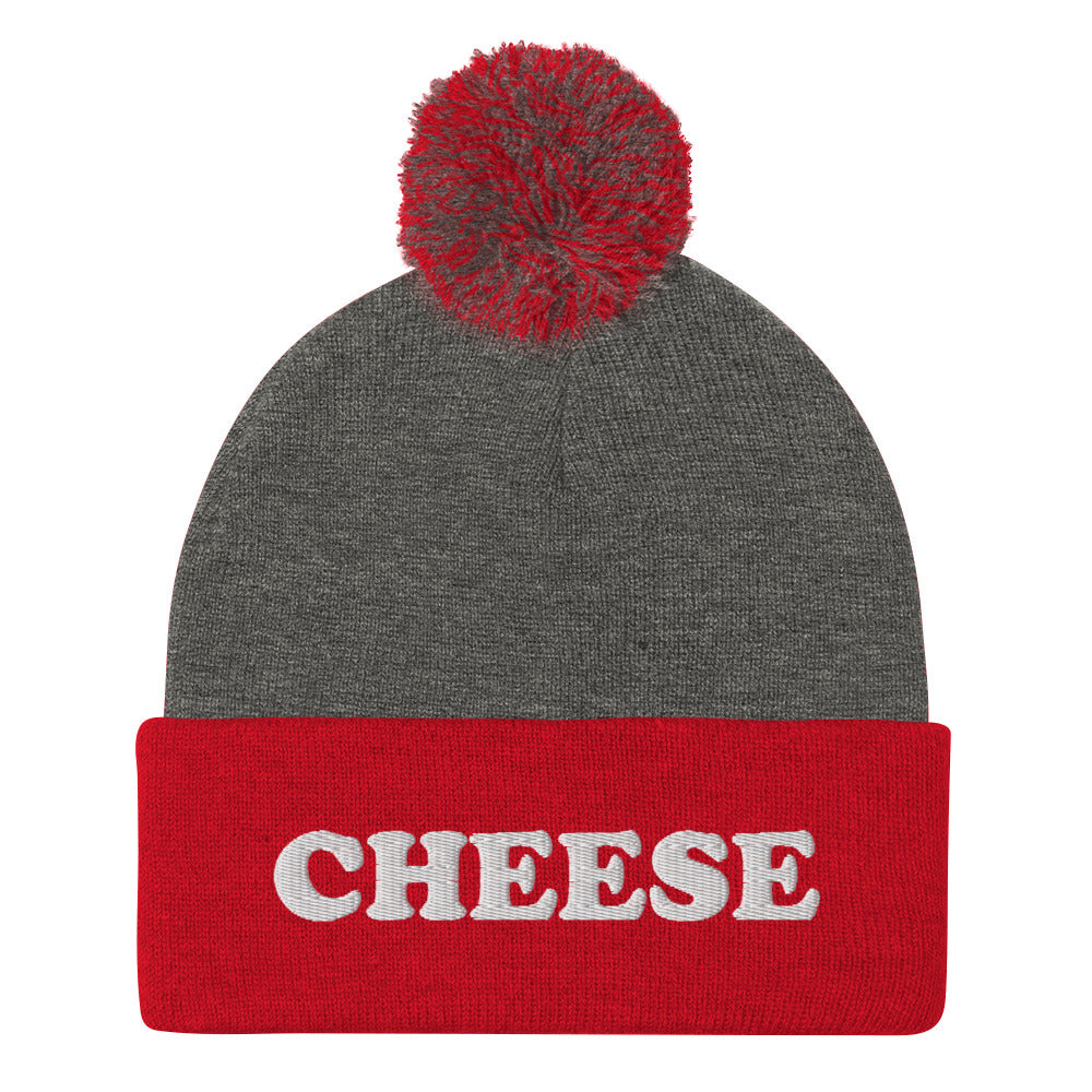 Red and Gray Embroidered Cheese Beanie from Nina's Funky Shop by ninanush - Do you love cheese? Looking for a funny foodie gift? This warm and cozy, embroidered beanie is just what you need. It's a classic pom pom beanie with "Cheese", expertly embroidered on the front. The perfect funny beanie for cheese lovers and foodies of all kinds. Eat cheese in style in our funky cheese enthusiast hats.