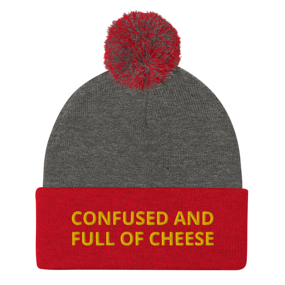 Red and gray beanie with confused and full of cheese embroidered on the front - Do you love cheese? Looking for a funny gift for a foodie? This warm and cozy, embroidered beanie is just what you need. It's a classic pom pom beanie with "Confused and full of cheese", expertly embroidered on the front. The perfect funny beanie for cheese lovers and foodies of all kinds.