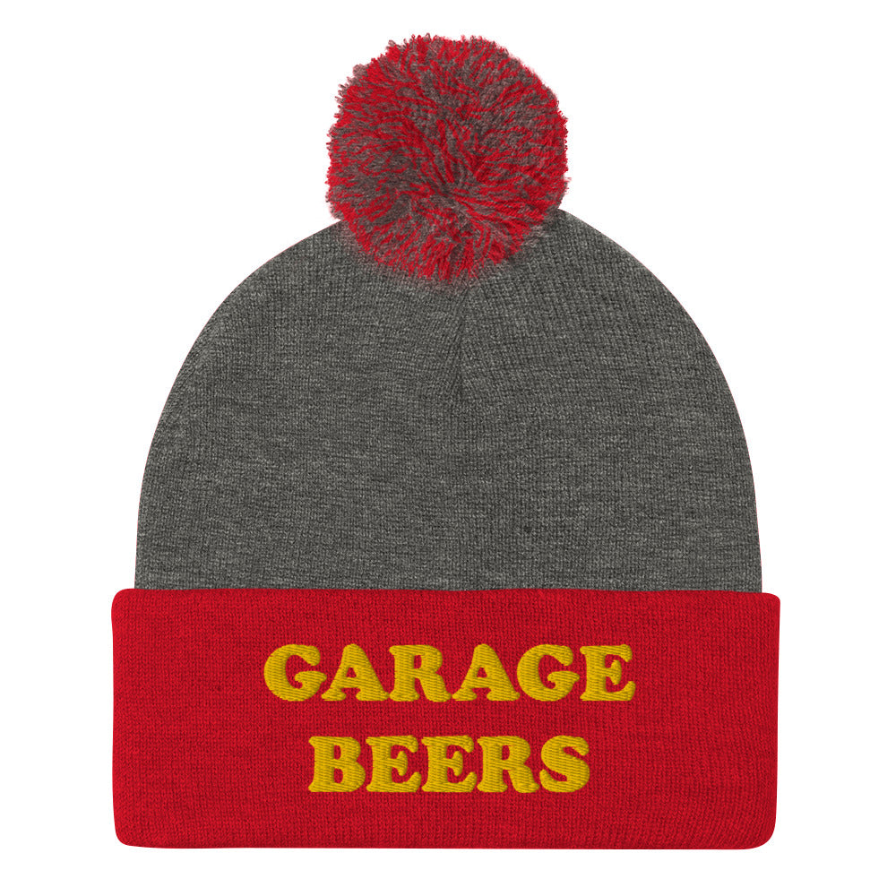 Red and Gray Garage Beers Beanie from Nina's Funky Shop - Love beer? Looking for a funny gift for a friend? This warm and cozy, embroidered beer beanie is just what you need. It's a classic pom pom beanie with "garage beers", expertly embroidered on the front. The perfect funny beanie for beer lovers. Celebrate your favorite foods in our funky foodie apparel.