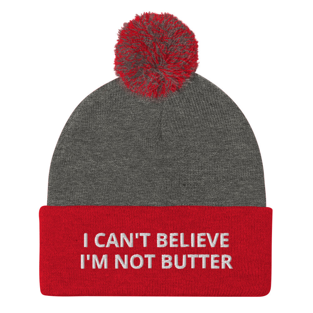 Red and Gray Embroidered Beanie with I can't believe it's not butter from Nina's Funky Shop - Are you a butter lover? Looking for a funny gift for a foodie? This warm and cozy, embroidered beanie is just what you need. It's a classic beanie with "I can't believe I'm not butter" on the front. A perfect beanie for butter enthusiasts and foodies of all kinds. Celebrate your favorite foods in our funky foodie apparel.